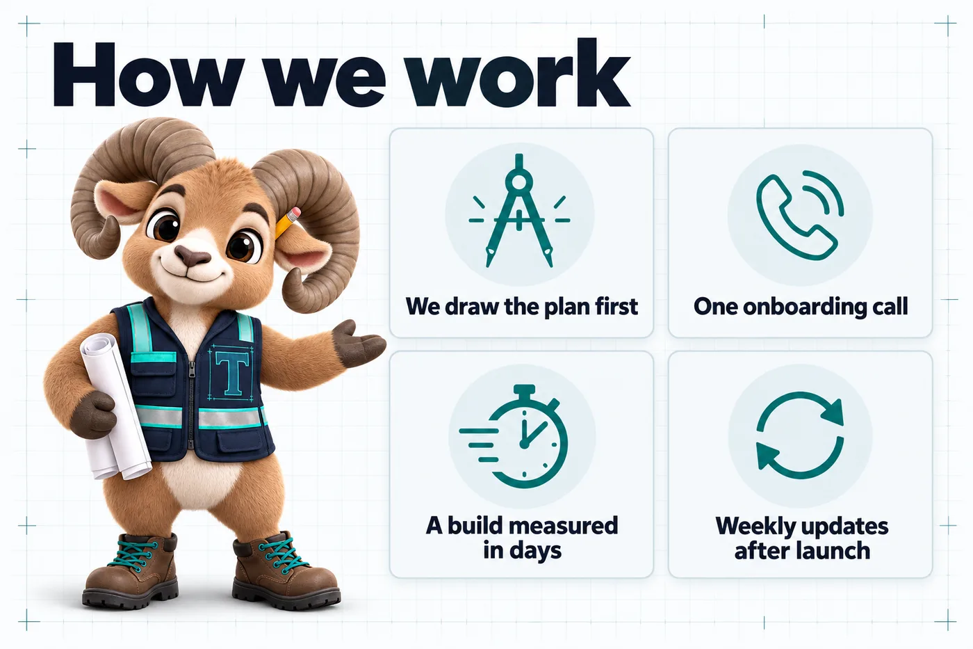 Infographic with Thane the mascot. How we work: We draw the plan first; One onboarding call; A build measured in days; Weekly updates after launch.
