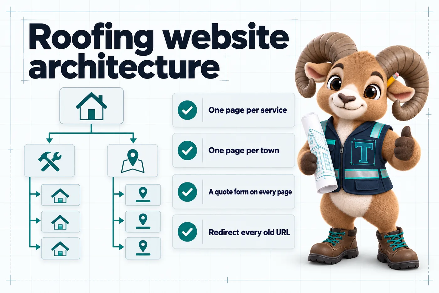 Infographic with Thane the mascot. Roofing website architecture: One page per service; One page per town; A quote form on every page; Redirect every old URL.
