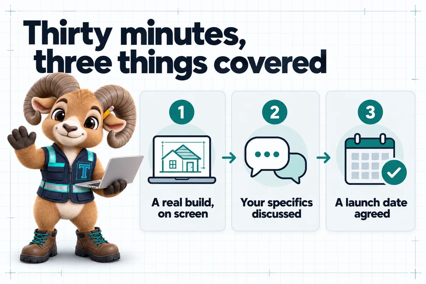 Infographic with Thane the mascot. Thirty minutes, three things covered: A real build, on screen; Your specifics discussed; A launch date agreed.