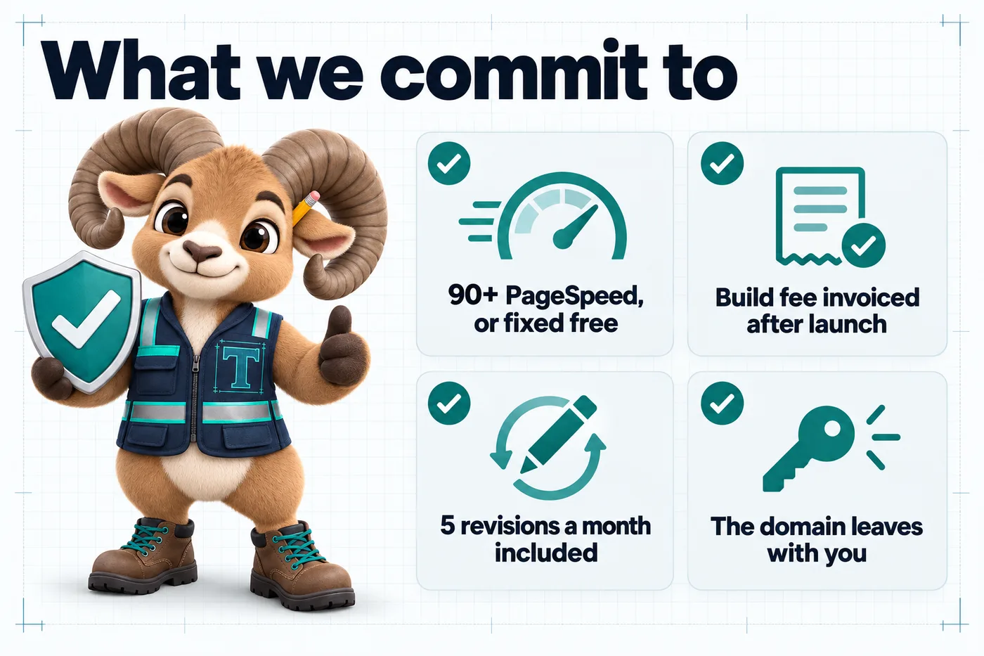 Infographic with Thane the mascot holding a check shield. What we commit to: 90+ PageSpeed, or fixed free; Build fee invoiced after launch; 5 revisions a month included; The domain leaves with you.