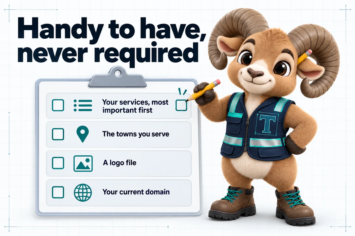 Infographic with Thane the mascot. Handy to have, never required: Your services, most important first; The towns you serve; A logo file; Your current domain.