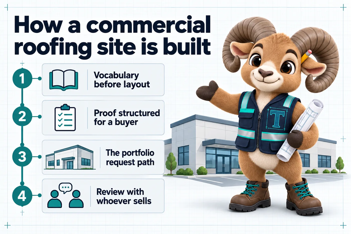 Infographic with Thane the mascot. How a commercial roofing site is built: 1. Vocabulary before layout; 2. Proof structured for a buyer; 3. The portfolio request path; 4. Review with whoever sells.