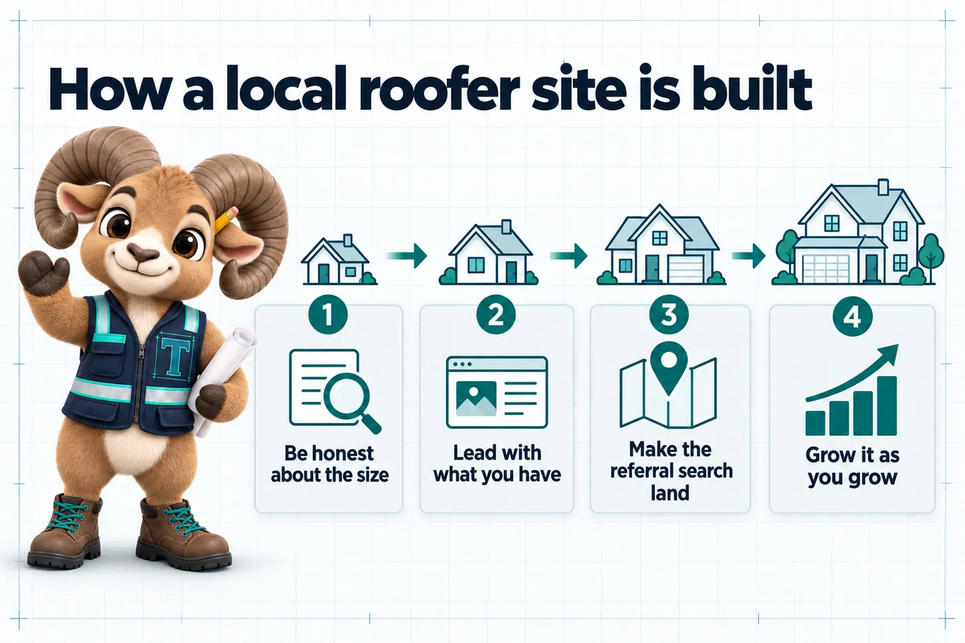 Infographic with Thane the mascot. How a local roofer site is built: 1. Be honest about the size; 2. Lead with what you have; 3. Make the referral search land; 4. Grow it as you grow.