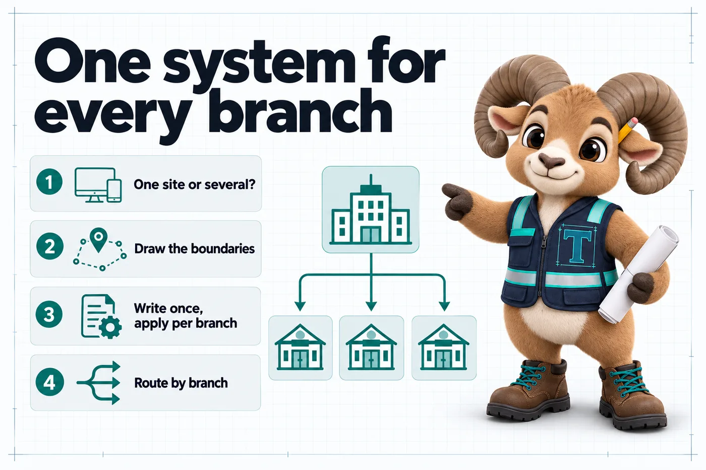 Infographic with Thane the mascot. One system for every branch: 1. One site or several?; 2. Draw the boundaries; 3. Write once, apply per branch; 4. Route by branch.