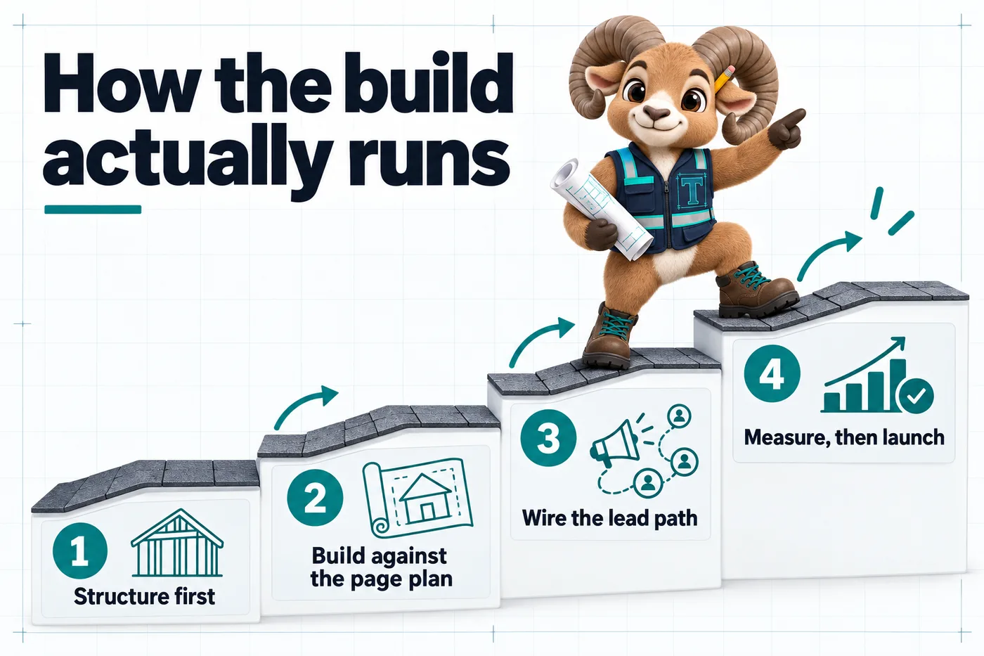 Infographic with Thane the mascot. How the build actually runs: 1. Structure first; 2. Build against the page plan; 3. Wire the lead path; 4. Measure, then launch.