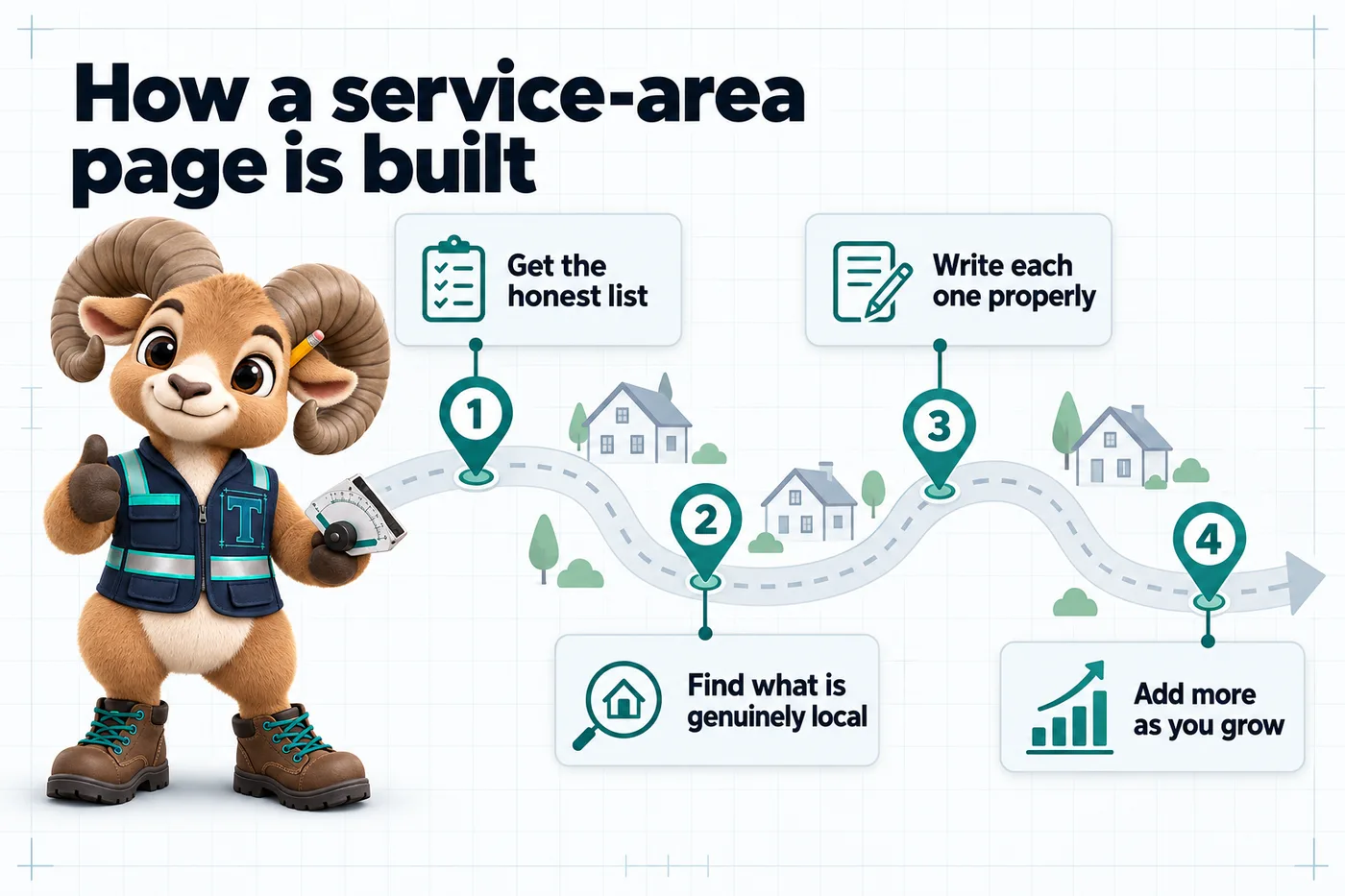 Infographic with Thane the mascot. How a service-area page is built: 1. Get the honest list; 2. Find what is genuinely local; 3. Write each one properly; 4. Add more as you grow.