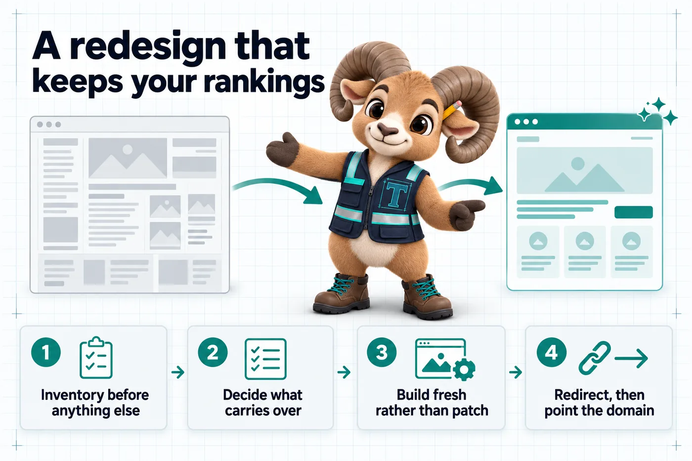 Infographic with Thane the mascot. A redesign that keeps your rankings: 1. Inventory before anything else; 2. Decide what carries over; 3. Build fresh rather than patch; 4. Redirect, then point the domain.
