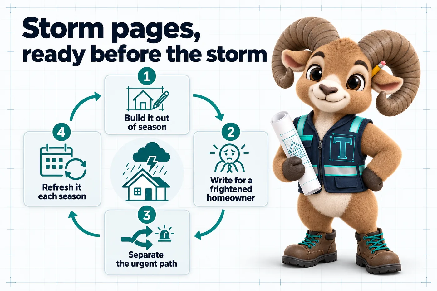 Infographic with Thane the mascot. Storm pages, ready before the storm: 1. Build it out of season; 2. Write for a frightened homeowner; 3. Separate the urgent path; 4. Refresh it each season.