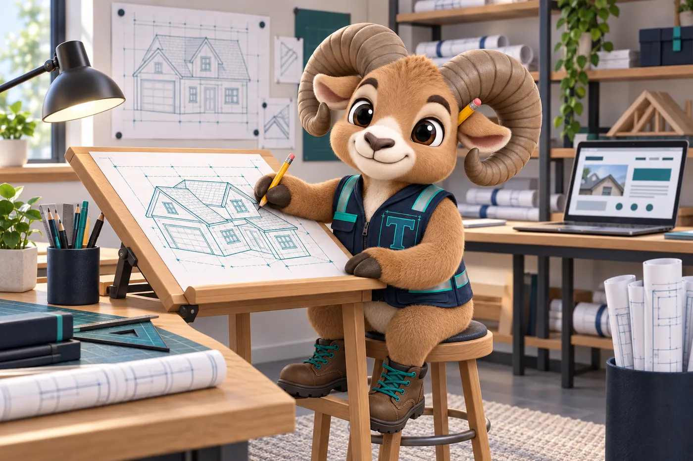 Thane the bighorn sheep mascot at a drafting board, drawing a house roof plan in pencil