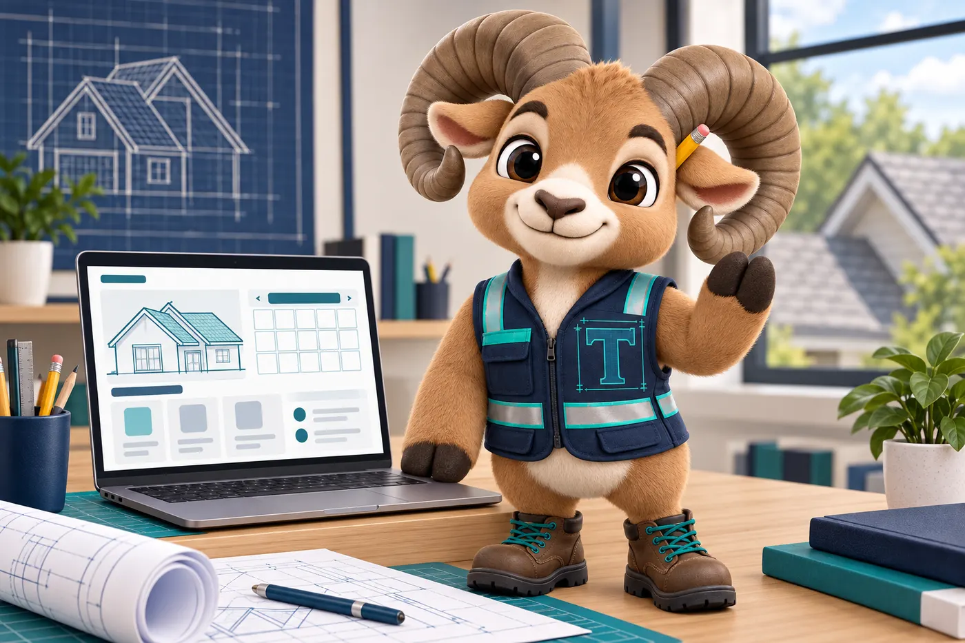 Thane the mascot waving hello beside a laptop showing a roofing website layout and a booking calendar