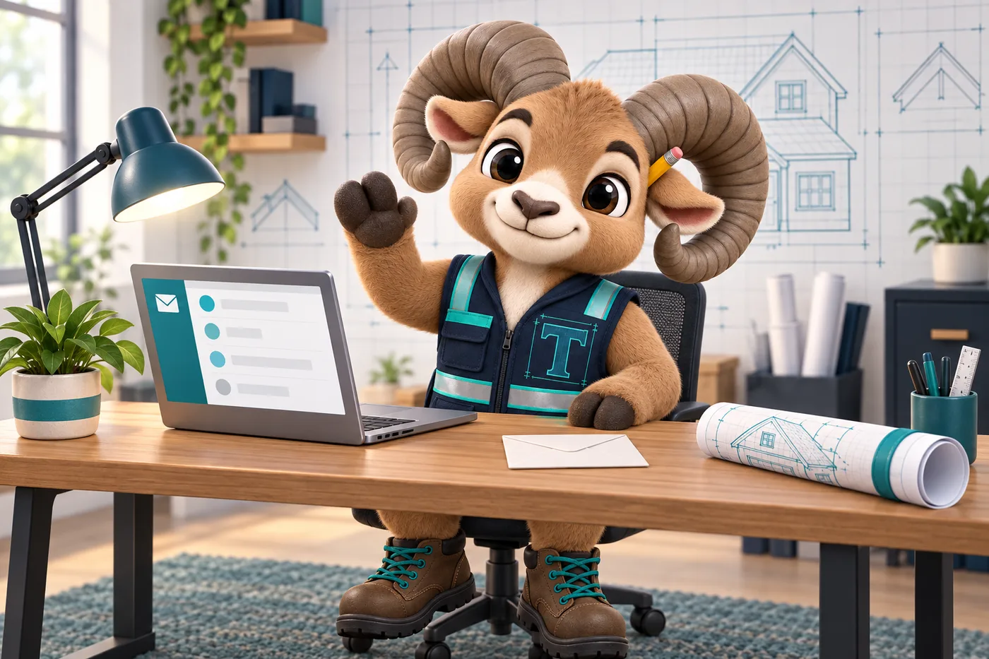Thane the mascot waving hello from his desk, with an open laptop showing an inbox and a sealed envelope beside him