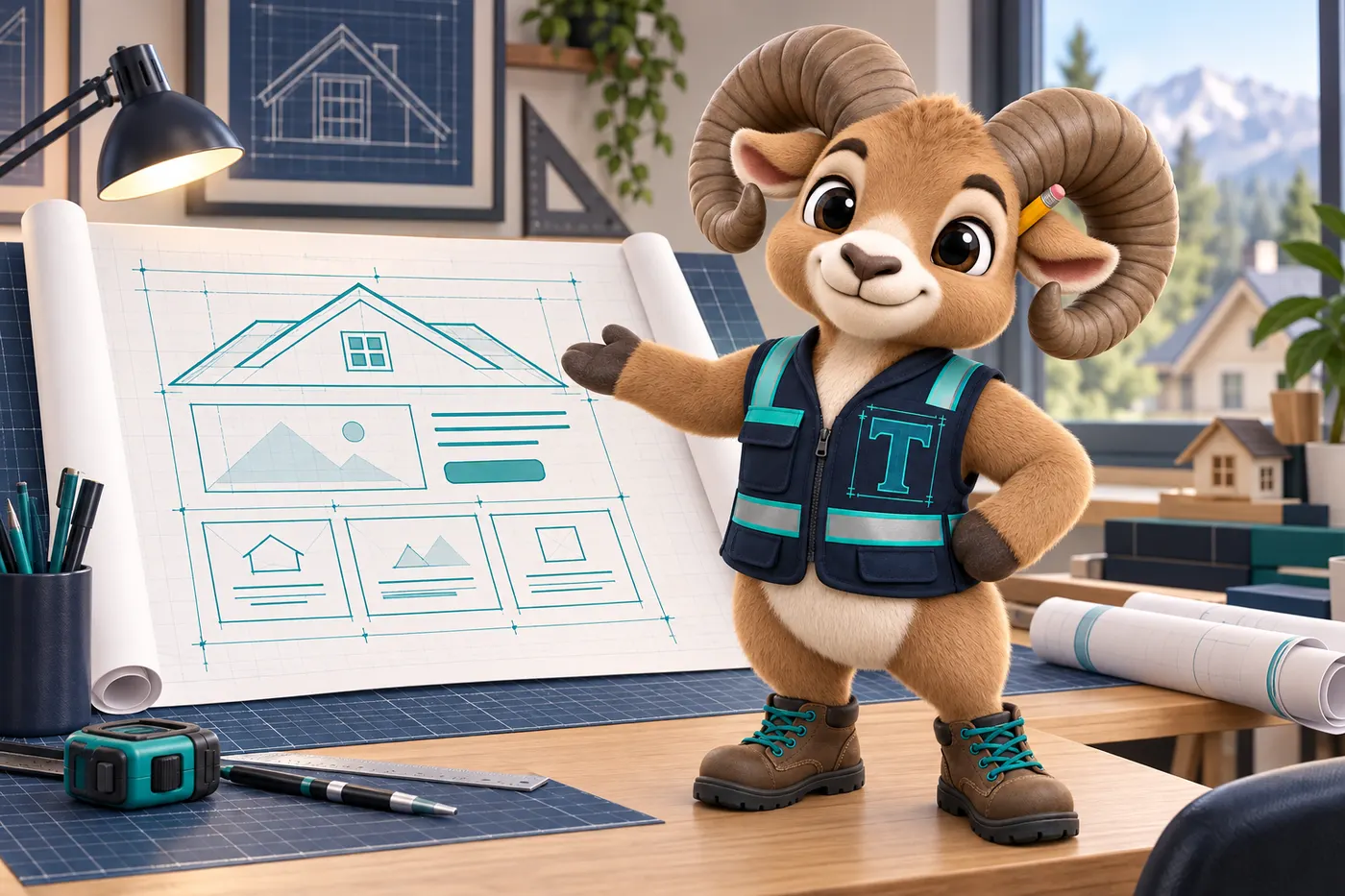 Thane, the RoofingWebStudio mascot, a bighorn sheep in a navy engineer vest, presenting a website layout drawn on a blueprint