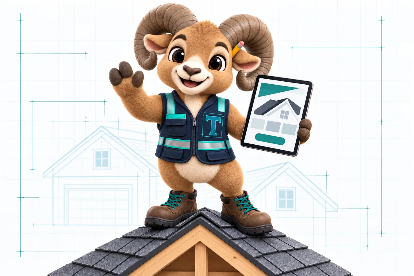 Thane, the RoofingWebStudio mascot, standing on a shingle roof ridge, waving hello and holding up a tablet that shows a roofing company website