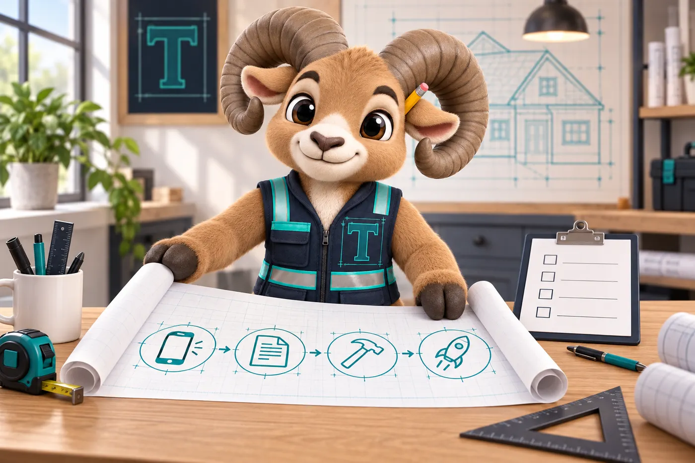 Thane the mascot unrolling a blueprint that shows four build steps as icons, a checklist beside him